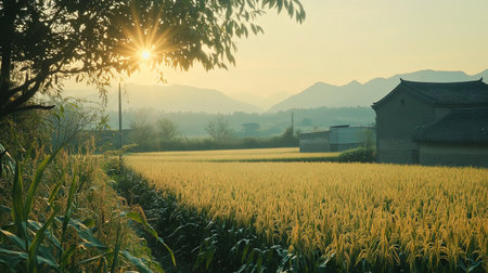 The gentle breeze gently shakes the corn and rice branchesの素材
