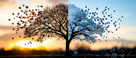 A silhouette scene with a large oak tree shedding its last autumn leavesの素材