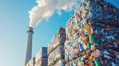 A large industrial recycling facility with massive stacks of compressed recyclable waste bales.の素材