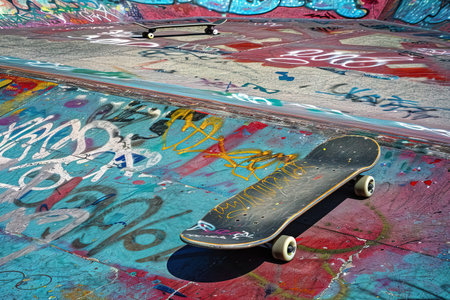 skateboard deck morning in the skate park vivid colour on ground surrounding Generative AI.の素材