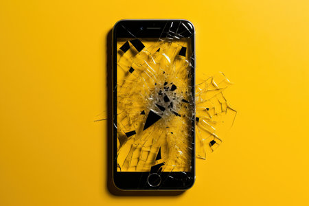 Portrait woman stands hold broken touch screen phone cracked screen Yellow background Generative AIの素材