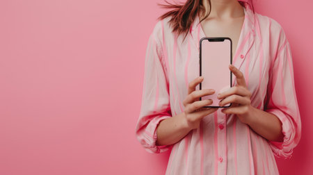 Mockup blank screen smartphone in hand isolated in pink background Generative AI.の素材