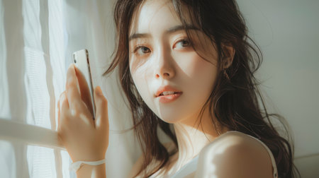 Happy smiling pretty asian woman holding mobile phone looking camera Generative AI.の素材