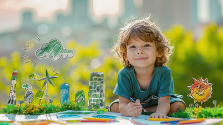 Child drawing outlines sustainability ecology save environment concept World environment dayの素材