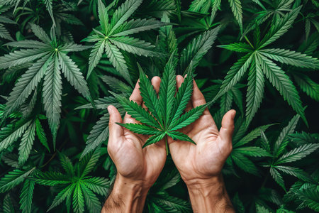 Close up shot of hand holding the cannabis leaf in the garden Generative AI.の素材