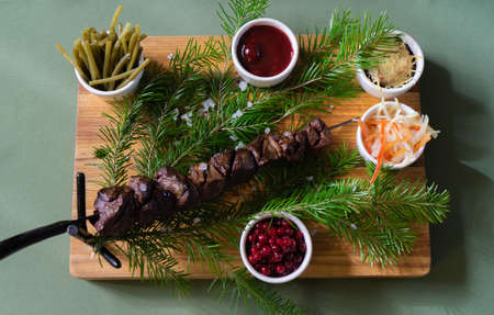 lamb kebab barbecue venison on a spit grilledの写真素材