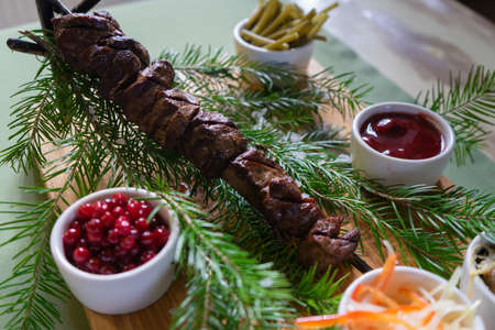 lamb kebab barbecue venison on a spit grilledの写真素材