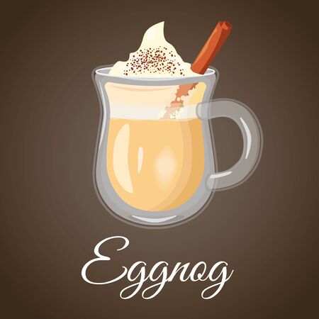 Christmas Eggnog. Hot cocktail with cinnamon and creamy foam. On brown background.のイラスト素材