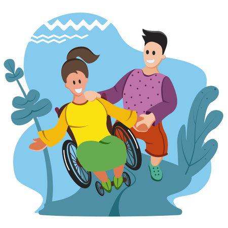 Young Disabled Woman Sitting in Wheelchair, a Young Man Helps Her. Invalid Cartoon Flat Vector Illustrationのイラスト素材