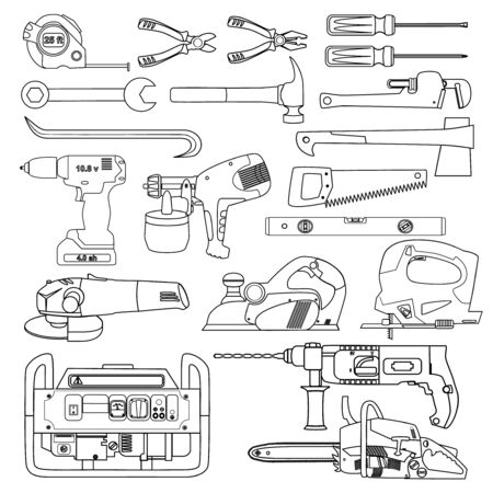 Hand and electric tools black contour set.のイラスト素材