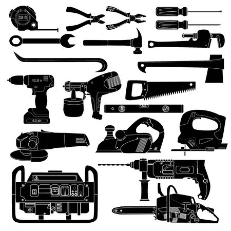 Hand and electric tools black and white set.のイラスト素材