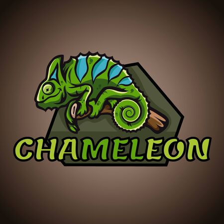Creative logj with green smiling chameleon and branch.のイラスト素材