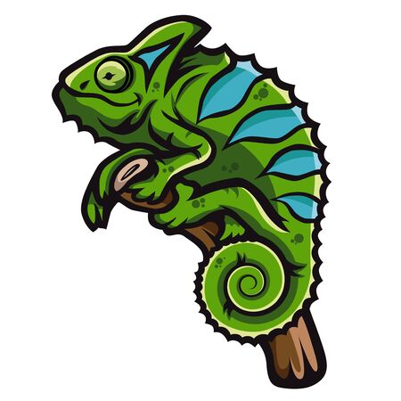 Green smiling chameleon is sitting on branch. Creative chameleon   icon design.のイラスト素材