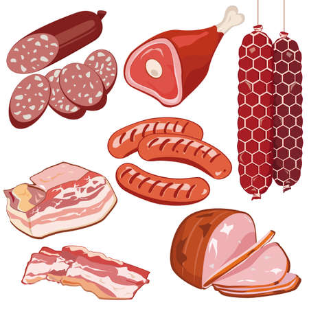 Cartoon delicious meat products. Vector illustration set.のイラスト素材
