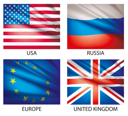 Flags of the world. American Flag for Independence Day. Flags waving in the wind. Set of world flags. Vector illustration.のイラスト素材