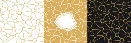 Vector seamless geometry wire pattern, triangle and ring mosaic in gold, black and white colors. Geometric background for fabric, scrapbooking, wallpaper, wrapping.のイラスト素材