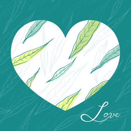 Vector doodle spring leaves texture. Heart silhouette symbol frame. Square pattern invitation, greeting card template.のイラスト素材