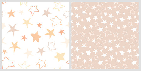 Funny pale doodle stars seamless pattern. Hand drawn night sky repeat background in white and pastel beige color. For fabric, wrapping, invitations, card, scrapbooking or wallpaper.のイラスト素材