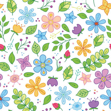 Colorful set for kids with cute flowers for design and fashion prints. Linear floral childish background. Flower pattern with pastel flowers on a white background.のイラスト素材