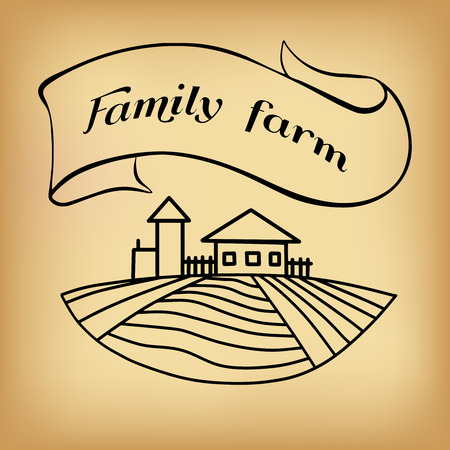Black farm and field on beige background. Agriculture Landscape. American Farm hand drawn vector sketch. Engraving illustration. Great for bakery and travel ads, brochures, labelsのイラスト素材