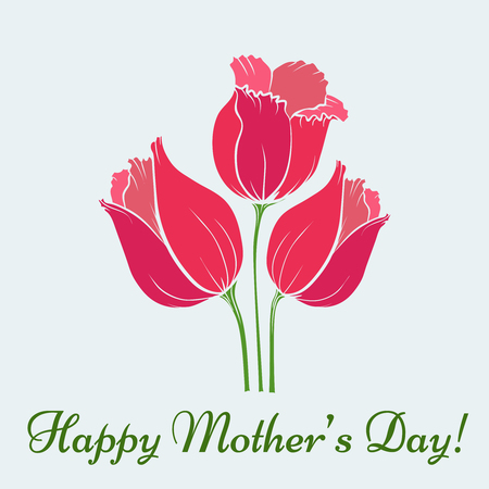 Happy Mothers Day. Vector festive holiday illustration with lettering and tulips. Happy mother day background. Hand drown illustration. Beautiful bouquet of purple tulipsのイラスト素材