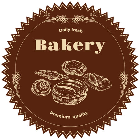 Vector design for bakery or baking shop  emblem with hand drawn bread illustration. Bakery and bread logo  for bakery shop. For signage, logos, branding, label, product packaging.のイラスト素材