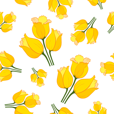 Floral seamless pattern with tulips on white background.  Spring flowers blossom hand drawn vector illustration. Vintage background with hand drawn tulips.のイラスト素材