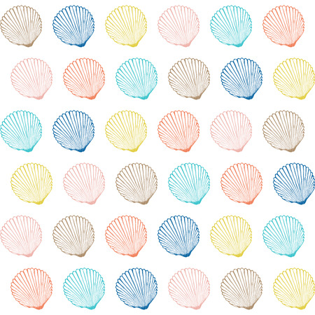 Vector seamless pattern with hand drawn scallop shells.  Marine background in engraved style. Hand drawn underwater vector illustration with seashells.のイラスト素材