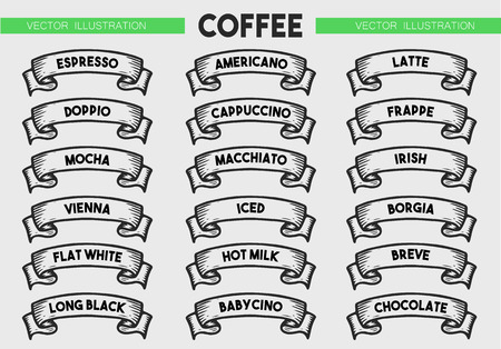 Coffee menu icon set. Beverages types of coffee. Vector engraving ribbons illustration isolated on brown background. Hand drawn design label.のイラスト素材
