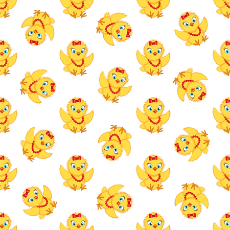 Baby chickens seamless pattern on white background. Cute cartoon chicken pattern. Funny yellow chickens in different poses, vector illustration.のイラスト素材
