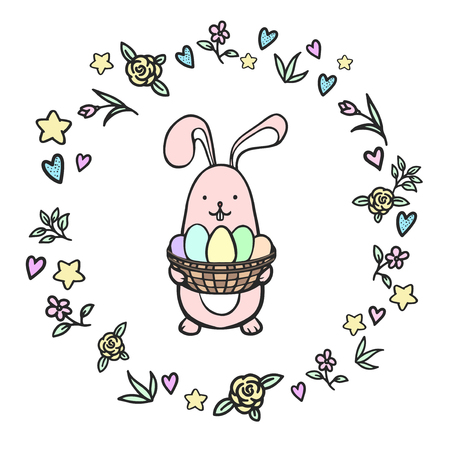 Happy cartoon Easter bunny vector illustration for greeting card, invitation with pink cute rabbit in flowers wreath.のイラスト素材