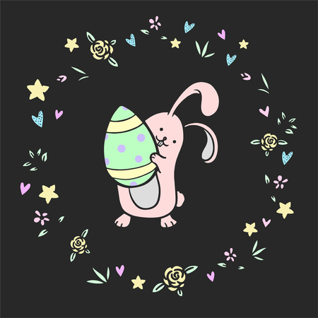 Happy cartoon Easter bunny vector illustration for greeting card, invitation with pink cute rabbit in flowers wreath.のイラスト素材