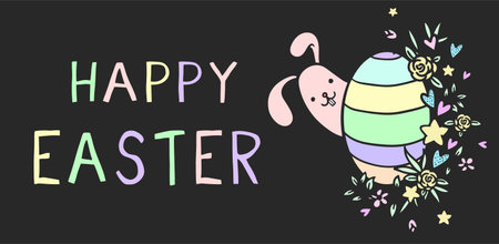 Happy cartoon Easter bunny vector illustration for greeting card, invitation with pink cute rabbit with egg and flowers.のイラスト素材