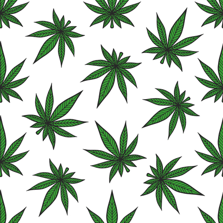 Marijuana leaf vector seamless pattern.  Cannabis engraving plant.のイラスト素材