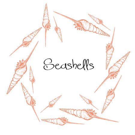 Vector wreath with hand drawn seashells.  Marine background in engraved style. Hand drawn underwater vector illustration with seashells.のイラスト素材