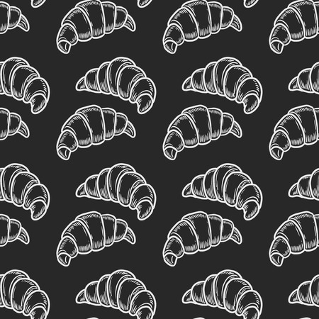 Vector  croissant engraving seamless patternon black  background.のイラスト素材