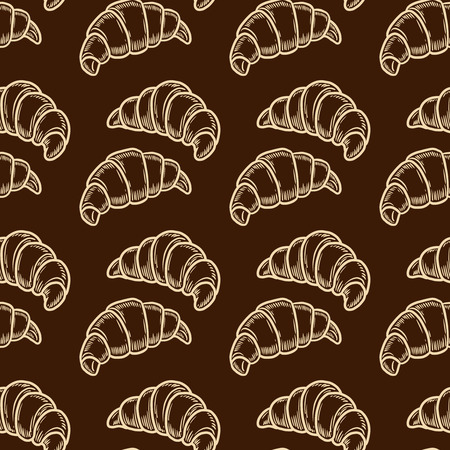 Vector  croissant engraving seamless pattern on brown background.のイラスト素材
