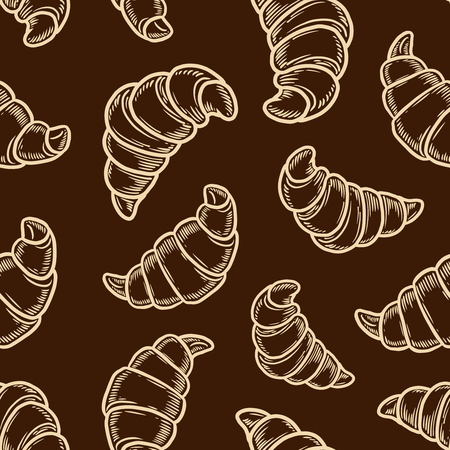 Vector  croissant engraving seamless pattern on brown background.のイラスト素材