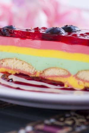 Slice of no baked cheesecake with bluberries, red currant and red jelly on the top presented on a white plateの写真素材