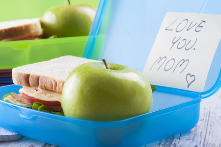 Breakfast for a school children - ready to eat - sandwich with a green appleの写真素材