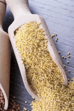 Close up photo of a eco raw food in the spoon - light brown pearl barley, dark brown kasha and yellow millet on a dark wooden background の写真素材