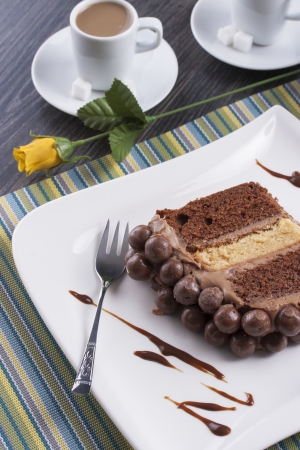 Close up photo piece of a chocolate cake on a white plate placed on a dark wooden background.の写真素材