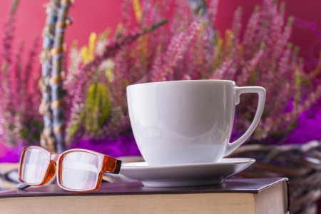 Autumn style close up photo of a hot coffee cup placed on the top of a books.の写真素材