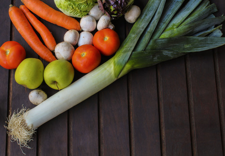 Vegetables on wood. Bio Healthy food, herbs and spices. Organic vegetables on woodの写真素材