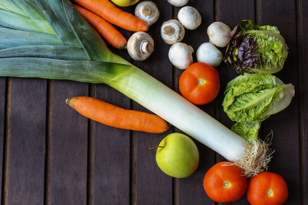 Vegetables on wood. Bio Healthy food, herbs and spices. Organic vegetables on woodの写真素材