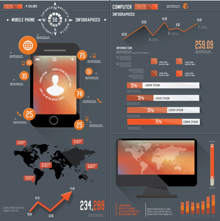 Mobile and technology info graphics set design on dark background,clean style,vectorのイラスト素材