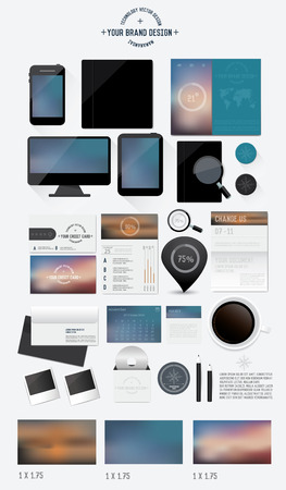 Corporate identity templates blank, business cards,monitor, smart phone, disk, notepad, pen, envelope, badge, stationery, brand-book, tablet pc  Three Blur background,Vector illustratorのイラスト素材