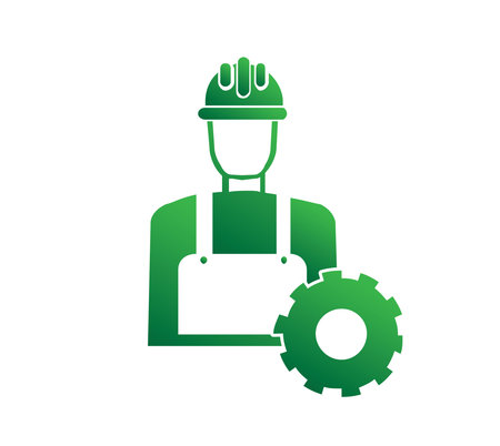 construction worker with gear wheel vector illustration neon green color style iconのイラスト素材