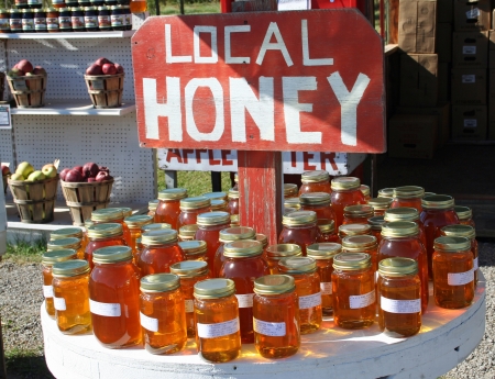 Local honey at farm standの写真素材