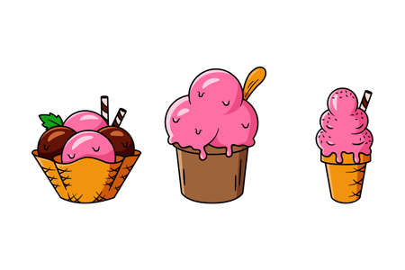 Strawberry ice cream vector set isolated on white backgroundのイラスト素材